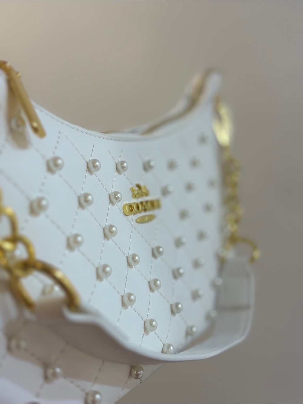 Coach White Quilted Pearl-Embellished Shoulder Bag with Gold Chain - Picture 2 of 6